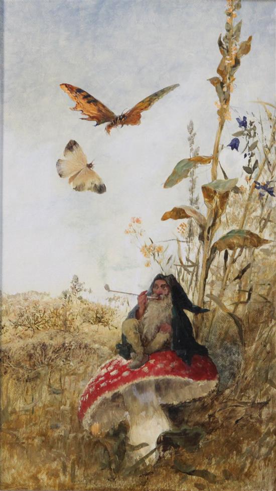 Heinrich Schlitt (1849-1923) Pixies chasing butterflies and smoking upon a toadstool, 13 x 8in.